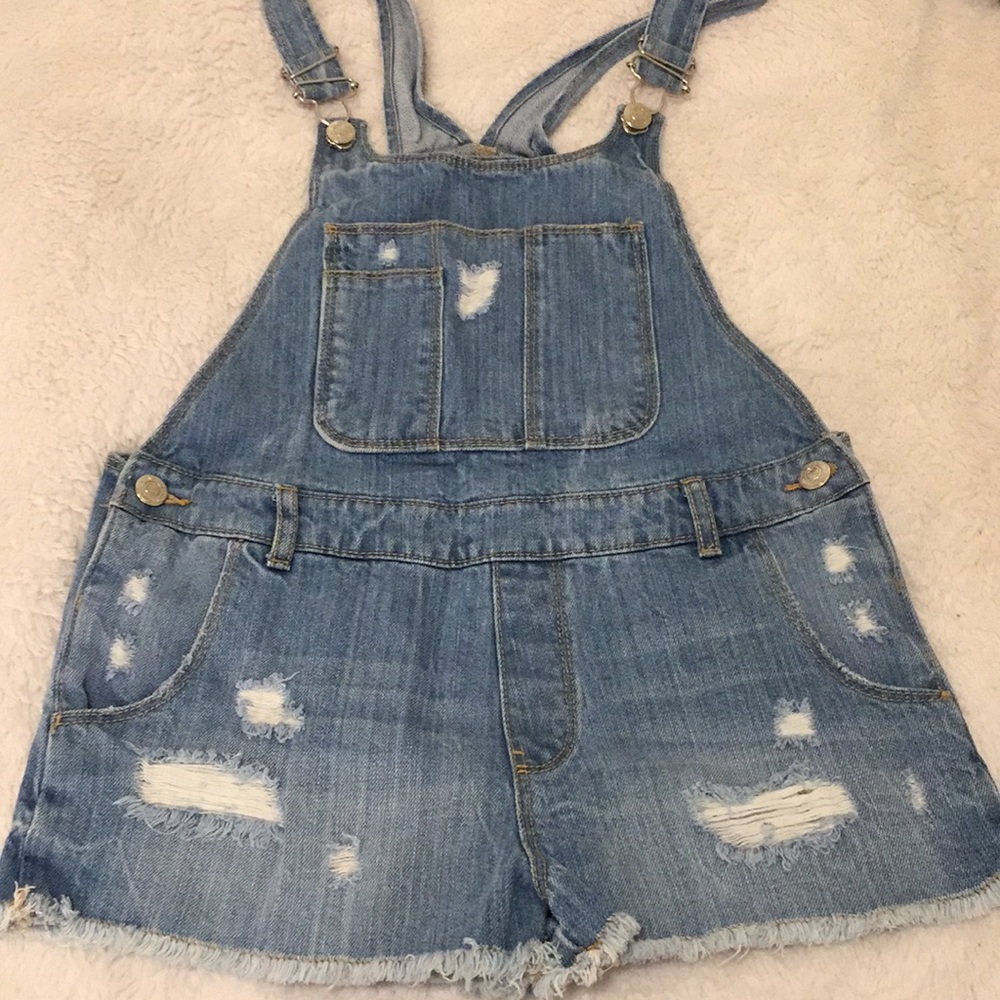 Zara distressed short overalls